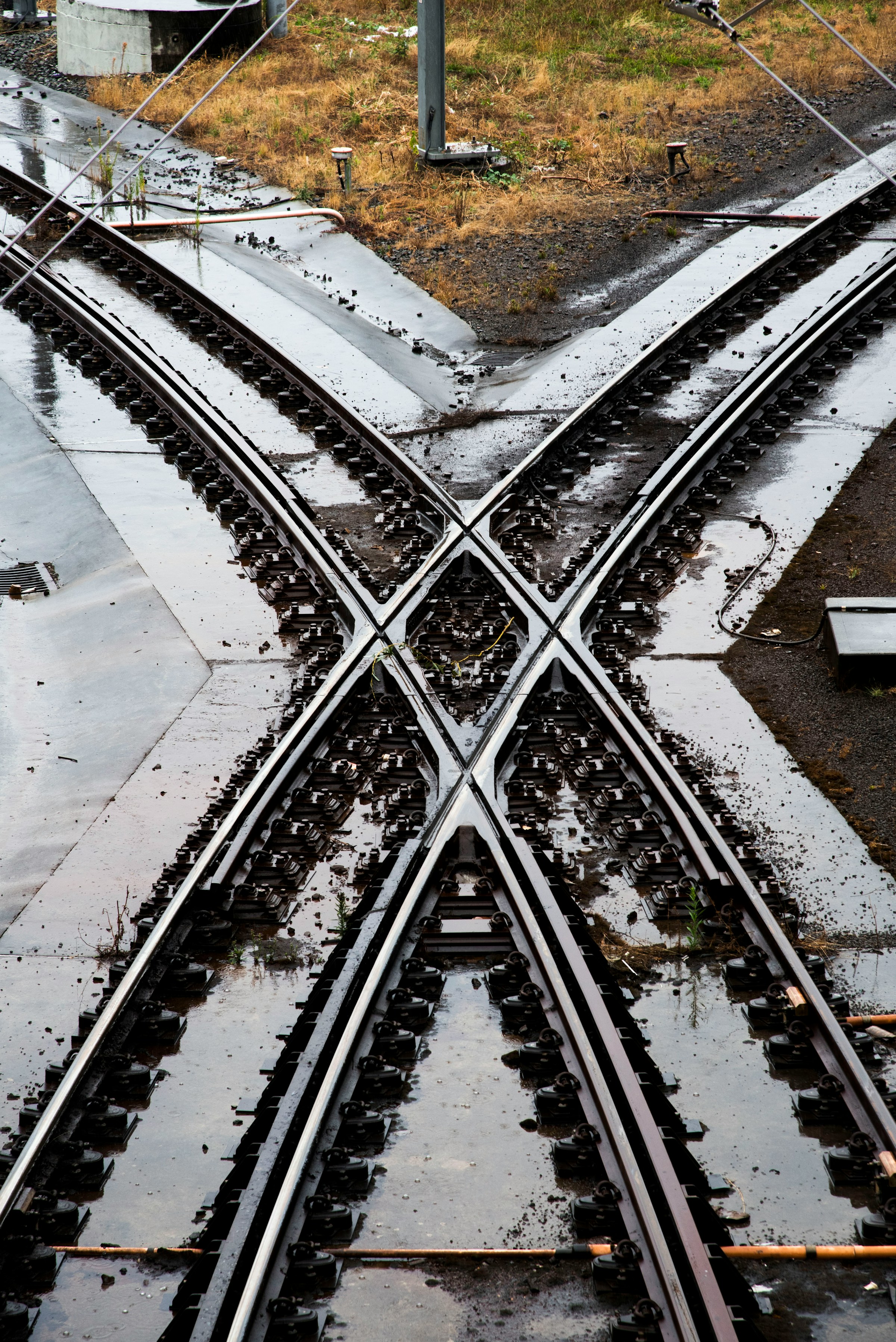 Railway tracks crossing at an intersection — every decision is a switchpoint